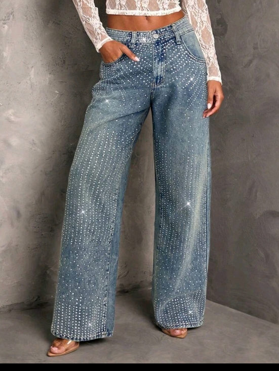 Denim - Rhinestone Embellished Wide-Leg Jeans - Blue
